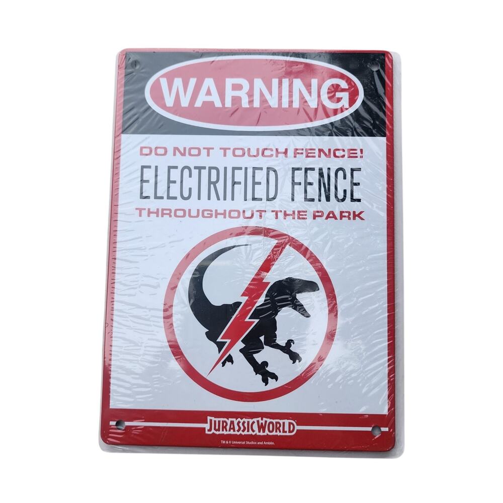 Jurassic World Electrified Fence Warning Metal Sign Loot Crate Sealed